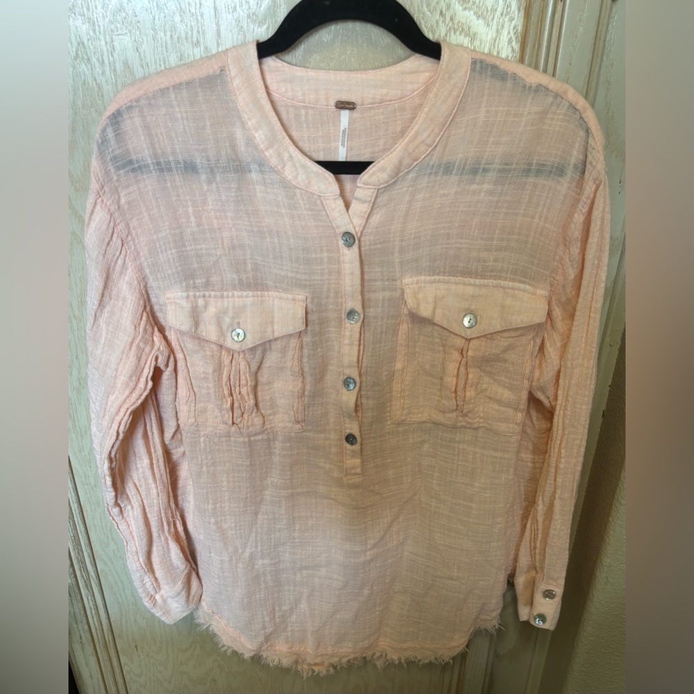 Free People Light Peach Button-Down Tunic Shirt‎ with Fray